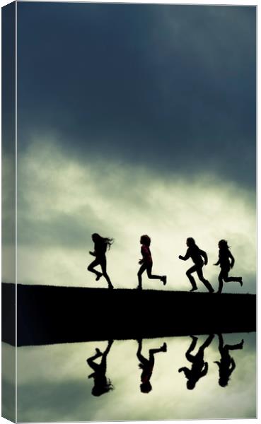Reflection of Silhouetted girls Running. Canvas Print by Maggie McCall