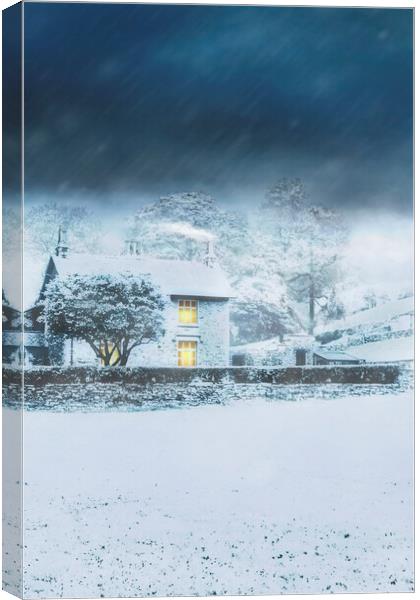 Cumbrian Cottage in snow storm Canvas Print by Maggie McCall