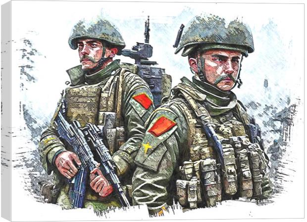 Two soldiers standing next to each other. Canvas Print by Luigi Petro