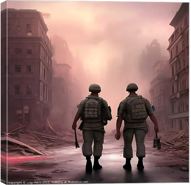 Two soldiers on patrol advancing through a city in Canvas Print by Luigi Petro