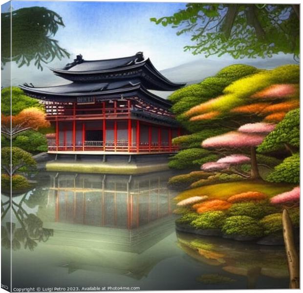 Japanese house reflected in small pond. Canvas Print by Luigi Petro