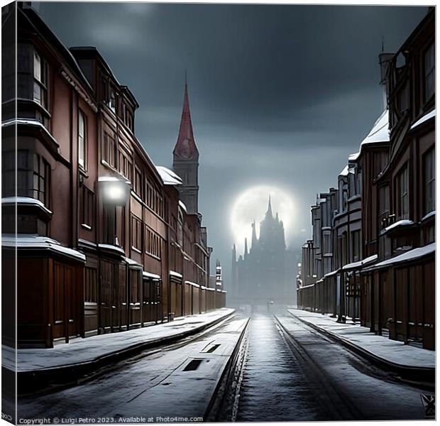 Enchanting Victorian Cityscape under Moonlit Snow Canvas Print by Luigi Petro