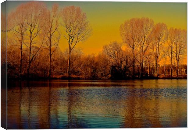 Trees across the lake, Autumn Colours              Canvas Print by Sue Bottomley