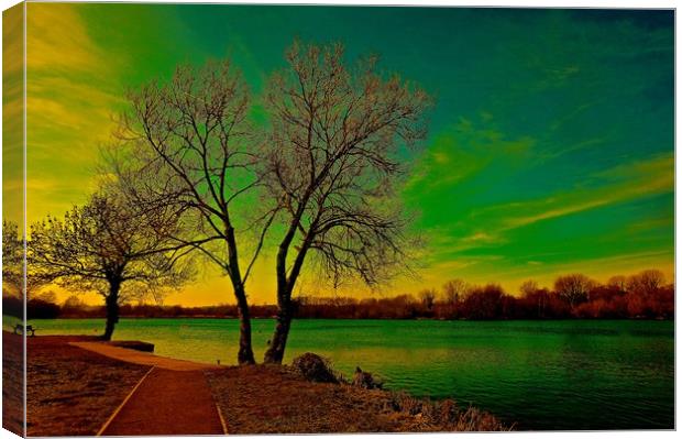 Evening sunset over the lake                       Canvas Print by Sue Bottomley