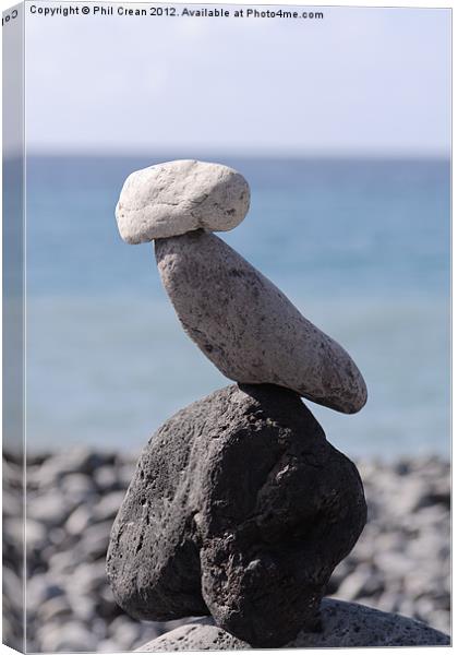 Stone cairn, rocks perched on beach, Tenerife Canvas Print by Phil Crean
