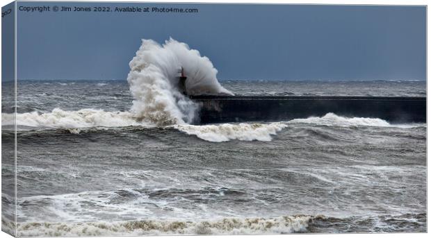 Stormy seas over South Shields Pier - Panorama Canvas Print by Jim Jones