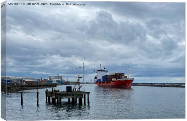 Container ship leaving Port of Blyth Canvas Print by Jim Jones