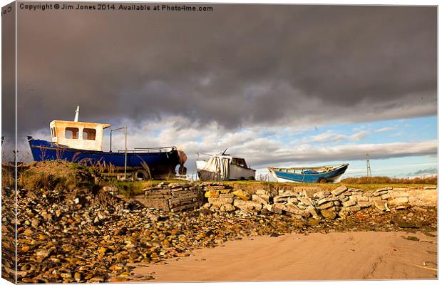  Boatyard under threatening sky Canvas Print by Jim Jones