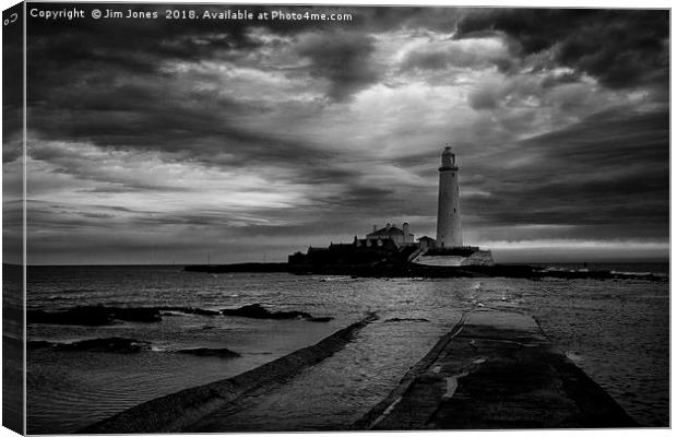 St Mary's Lighthouse and Island in B&W Canvas Print by Jim Jones