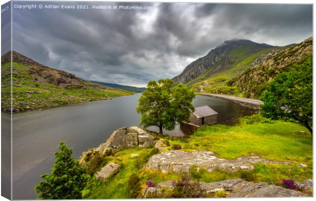 Llyn Ogwen with Tryfan Mountain Snowdonia  Canvas Print by Adrian Evans