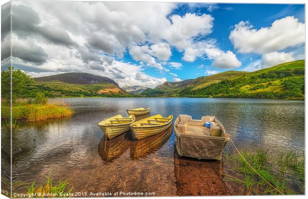 Boats at Nantlle Lake Wales Canvas Print by Adrian Evans