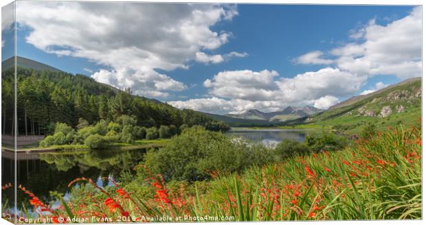 Mymbyr Lakes Snowdonia Wales  Canvas Print by Adrian Evans
