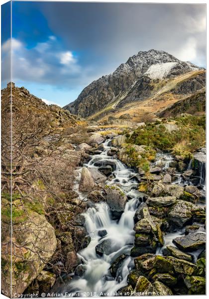 Tryfan and Ogwen Falls Canvas Print by Adrian Evans