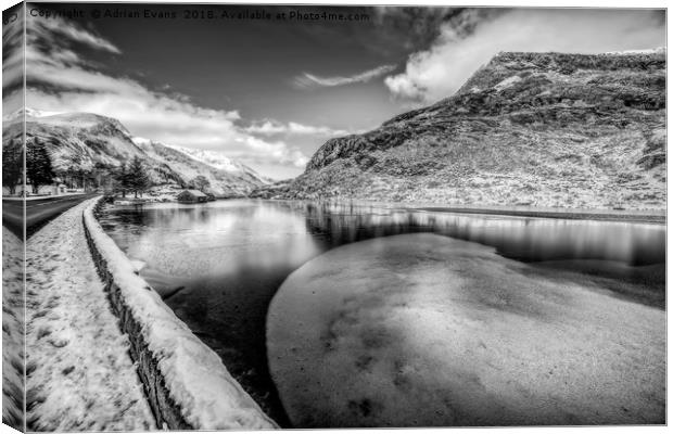 Winter at Ogwen Lake Snowdonia  Canvas Print by Adrian Evans