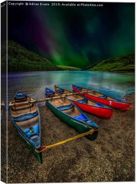 lake Geirionydd Canoes Canvas Print by Adrian Evans