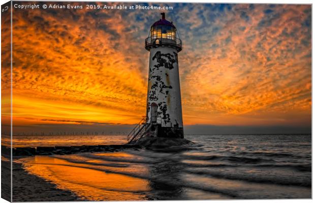 Talacre Beach Lighthouse Sunset Canvas Print by Adrian Evans