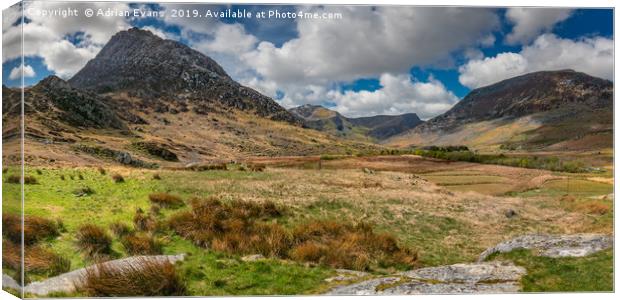Tryfan and The Ogwen Valley Snowdonia  Canvas Print by Adrian Evans