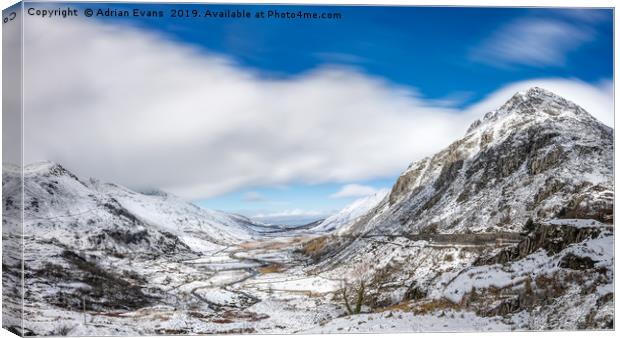 Nant Ffrancon Pass and Pen yr Ole Wen Snowdonia Canvas Print by Adrian Evans