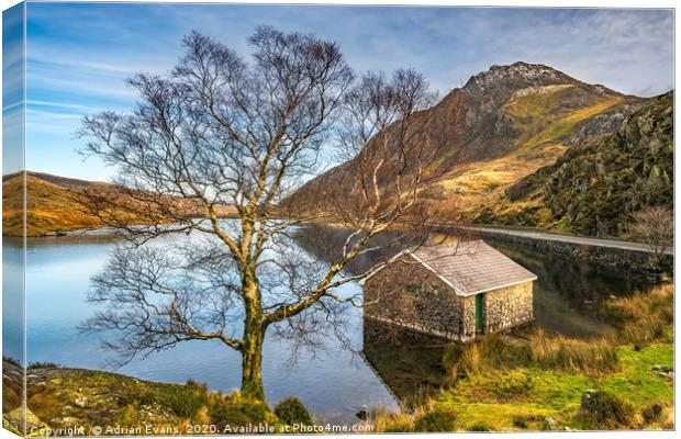 Boat House at Ogwen Lake Snowdonia Canvas Print by Adrian Evans