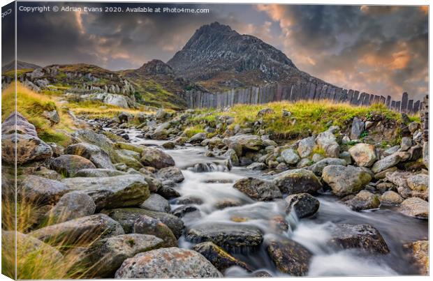 Tryfan Mountain Rapids Snowdonia  Canvas Print by Adrian Evans
