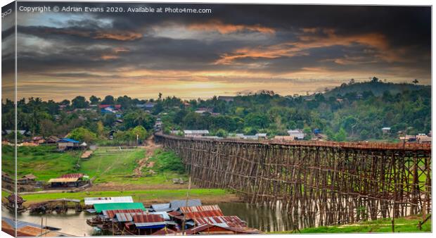 Wooden Mon Bridge Sangkhla Buri Thailand Canvas Print by Adrian Evans