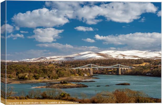 Menai Bridge Snowdon Anglesey Canvas Print by Adrian Evans