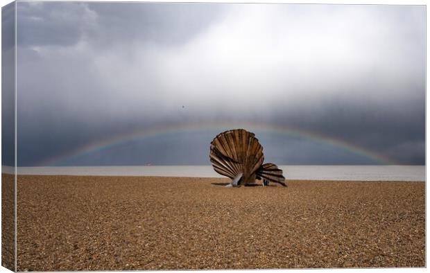 A rainbow over The Scallop on Aldeburgh beach  Canvas Print by Gary Pearson