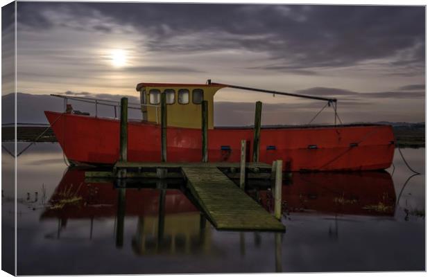 Moonrise and high tide at Thornham in Norfolk  Canvas Print by Gary Pearson