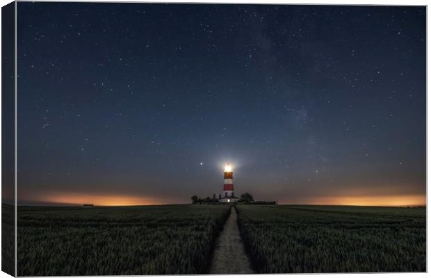 Happisburgh lighthouse under the stars and Milky W Canvas Print by Gary Pearson