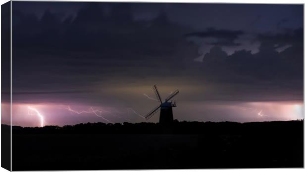 Lightning over Burnham Overy Staithe mill  Canvas Print by Gary Pearson