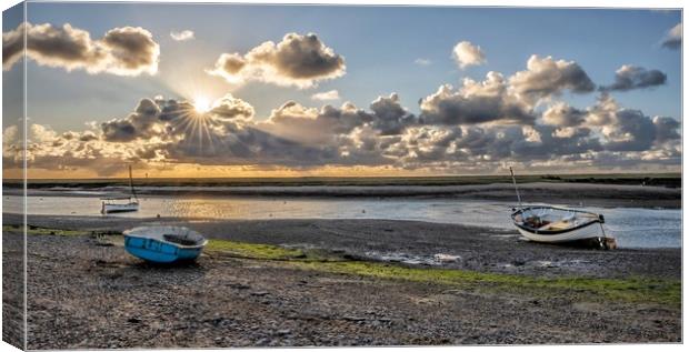 Low tide and sun rays - Burnham Overy Staithe  Canvas Print by Gary Pearson