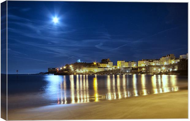 Tenby Harbour by moon light Canvas Print by Paul Deverson