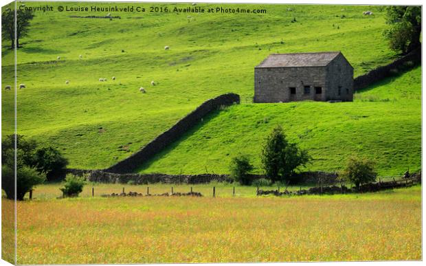 Stone barn and sheep grazing on a steep hillside,  Canvas Print by Louise Heusinkveld