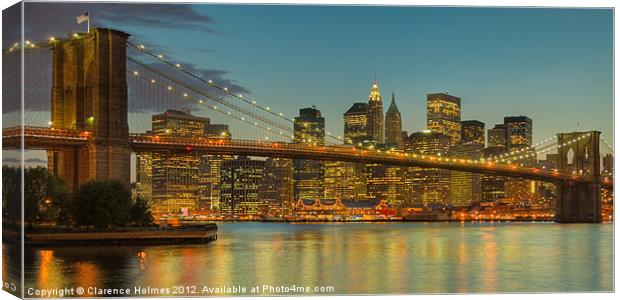 Brooklyn Bridge Twilight Panoramic Canvas Print by Clarence Holmes