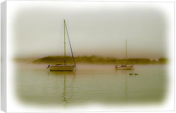Boats in the mist sepia Canvas Print by Robert Fielding