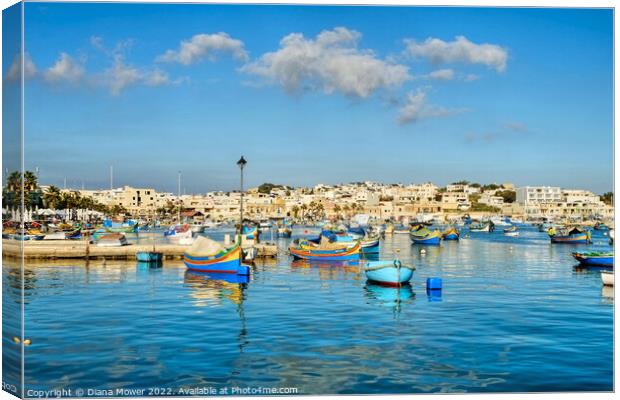 Marsaxlokk traditional boats Malta Canvas Print by Diana Mower