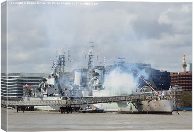 HMS Belfast Firing Gun Salute Thames London Canvas Print by Diana Mower