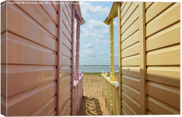 View through the huts West Mersea Essex Canvas Print by Diana Mower