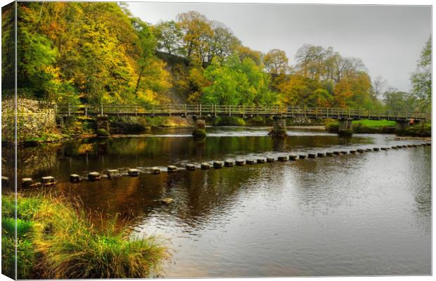Stepping Stones and bridge Bolton Abbey Canvas Print by Diana Mower