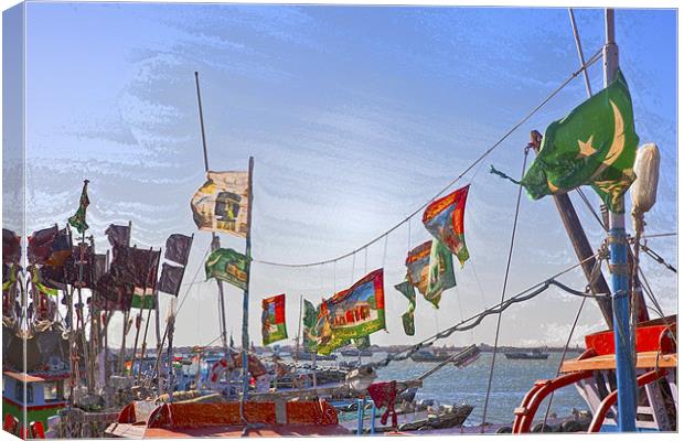 Flag waving boats at Bet Dwarka Canvas Print by Arfabita  