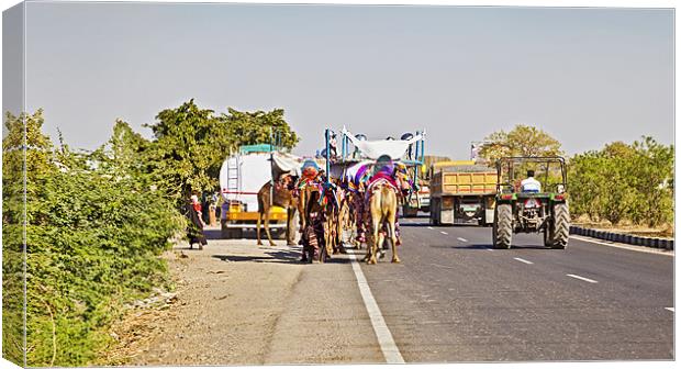 Road congestion Pedestrians Camel Caravan Tractor  Canvas Print by Arfabita  