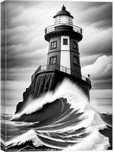 Monochrome Lighthouse lashed by stormy seas Canvas Print by Mike Shields