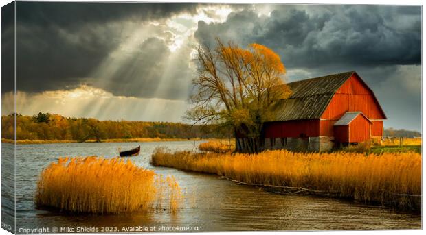 Sun Streaks and a Red Barn Canvas Print by Mike Shields