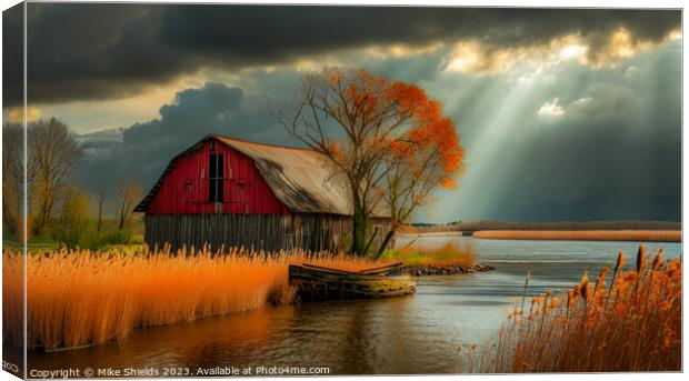 Sun Rays and a Barn Canvas Print by Mike Shields