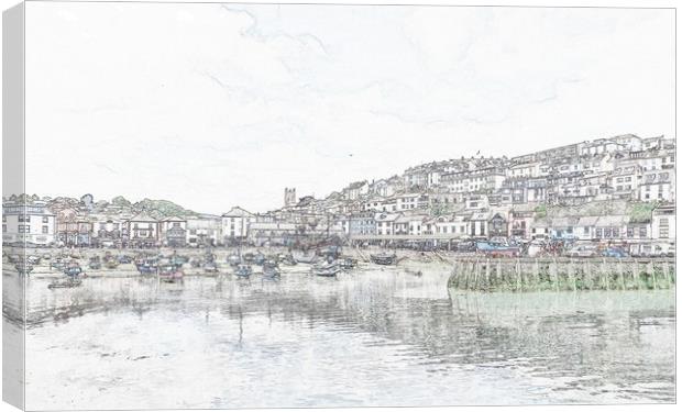 Brixham harbour pencil effect Canvas Print by Anthony Kellaway