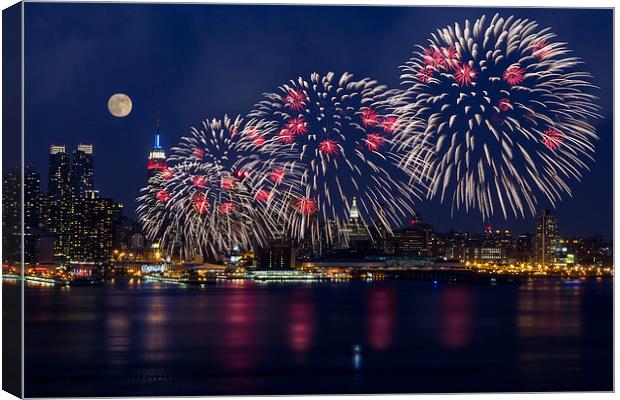 Fireworks and Full Moon Over New York City Canvas Print by Susan Candelario