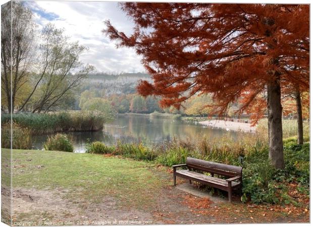 Bench by the lake Canvas Print by Rebecca Giles