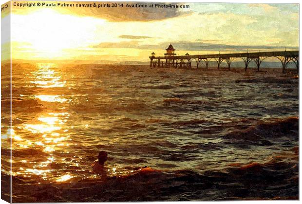  Sunset swim off Clevedon Pier,Somerset Canvas Print by Paula Palmer canvas