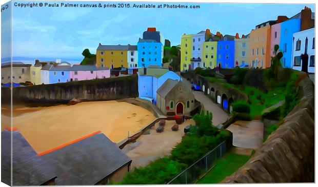 Picturesque,pastel houses in Tenby harbour Canvas Print by Paula Palmer canvas