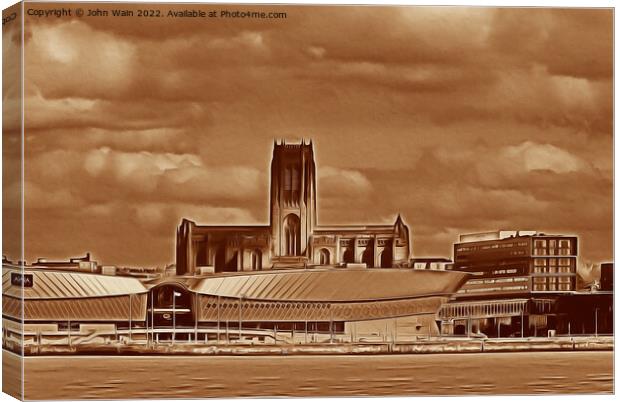 Anglican Cathedral and M&S Bank Arena Liverpool  Canvas Print by John Wain